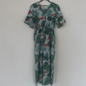 Blue and green wide leg, statement sleeve, cropped leg jumpsuit